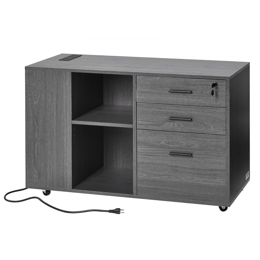 VEVOR 3 Drawer Wooden File Cabinet, Mobile Filing Cabinet with Power Strip, Lockable Rolling File Storage with Adjustable Shelves & 5 Wheels, Floor Standing Printer Stand for Home Office School, Gray