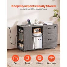 3 Drawer Wooden File Cabinet Mobile Filing Cabinet with Power Strip Gray