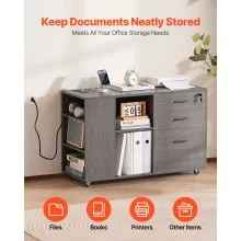 3 Drawer Wooden File Cabinet Mobile Filing Cabinet with Power Strip Gray
