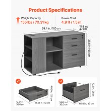 3 Drawer Wooden File Cabinet Mobile Filing Cabinet with Power Strip Gray
