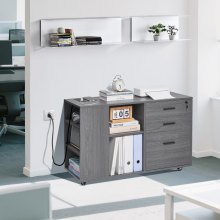 3 Drawer Wooden File Cabinet Mobile Filing Cabinet with Power Strip Gray