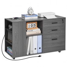 3 Drawer Wooden File Cabinet Mobile Filing Cabinet with Power Strip Gray