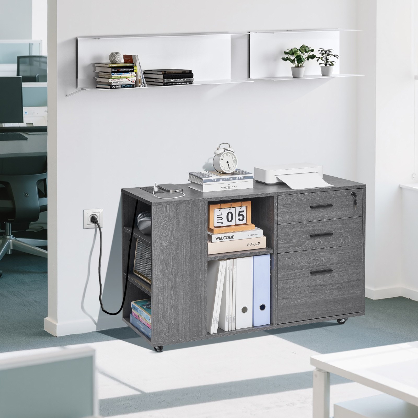 VEVOR 3 Drawer Wooden File Cabinet, Mobile Filing Cabinet with Power Strip, Lockable Rolling File Storage with Adjustable Shelves & 5 Wheels, Floor Standing Printer Stand for Home Office School, Gray