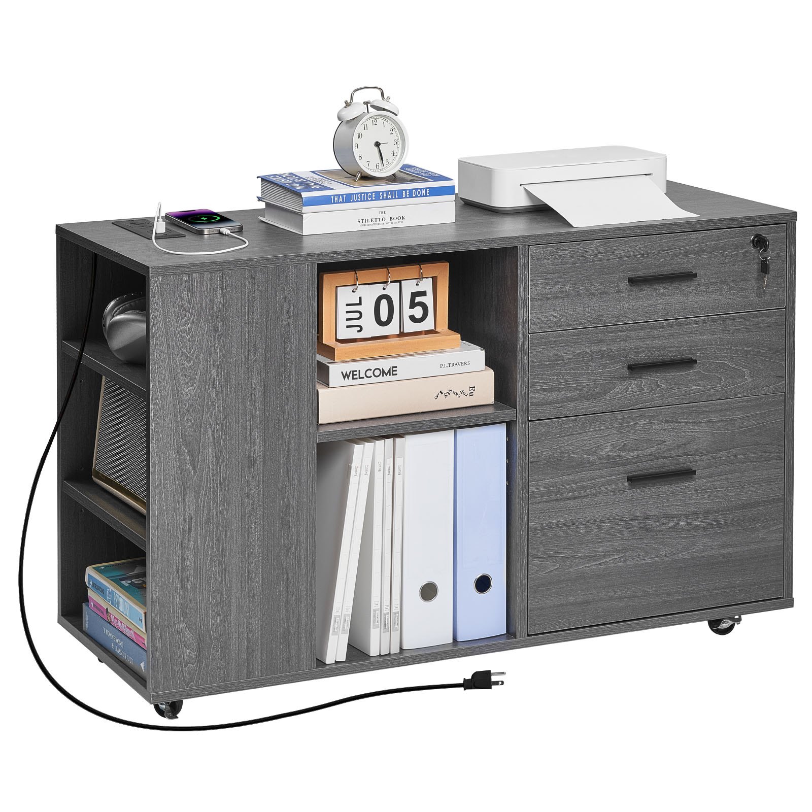 VEVOR 3 Drawer Wooden File Cabinet, Mobile Filing Cabinet with Power Strip, Lockable Rolling File Storage with Adjustable Shelves & 5 Wheels, Floor Standing Printer Stand for Home Office School, Gray