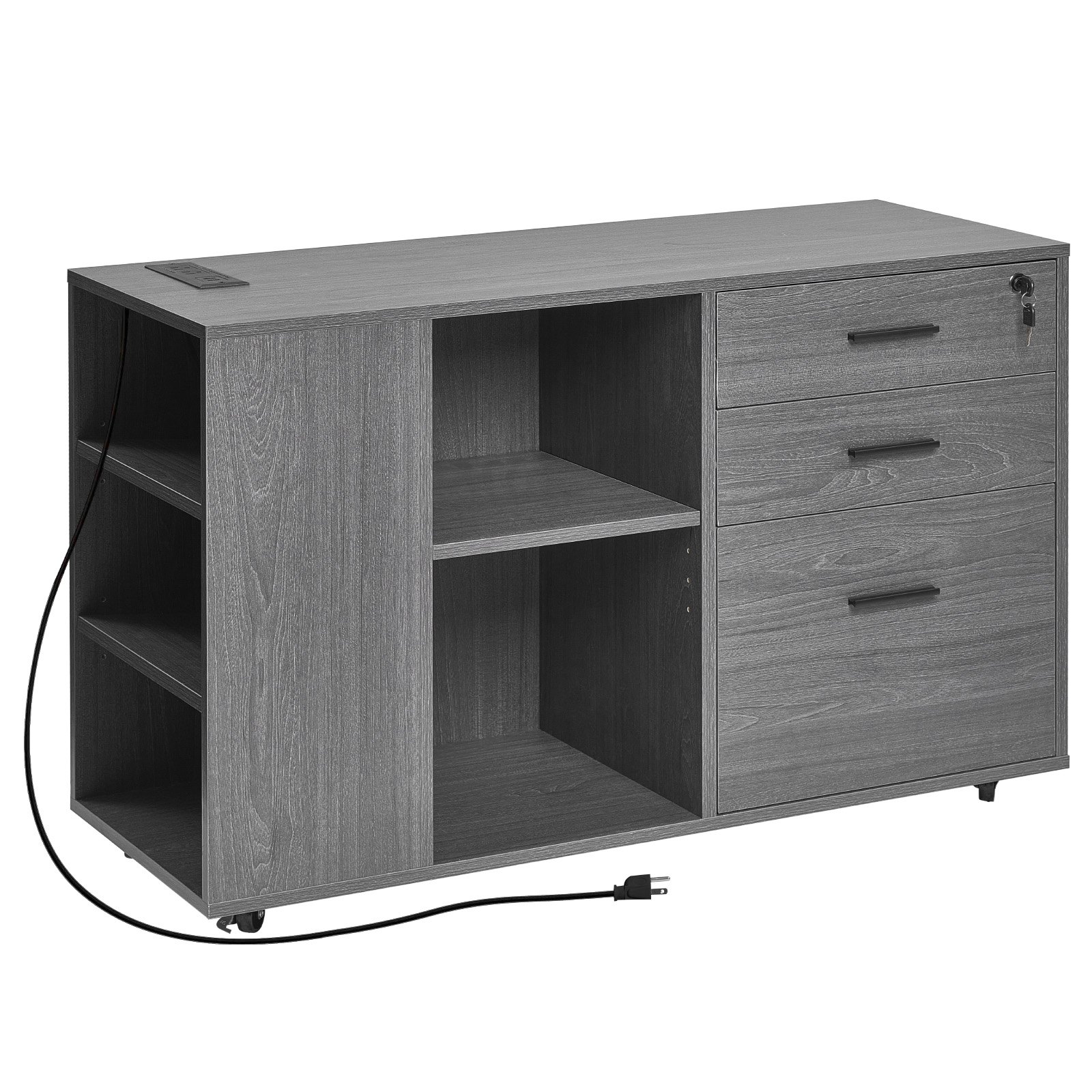 VEVOR 3 Drawer Wooden File Cabinet, Mobile Filing Cabinet with Power Strip, Lockable Rolling File Storage with Adjustable Shelves & 5 Wheels, Floor Standing Printer Stand for Home Office School, Gray