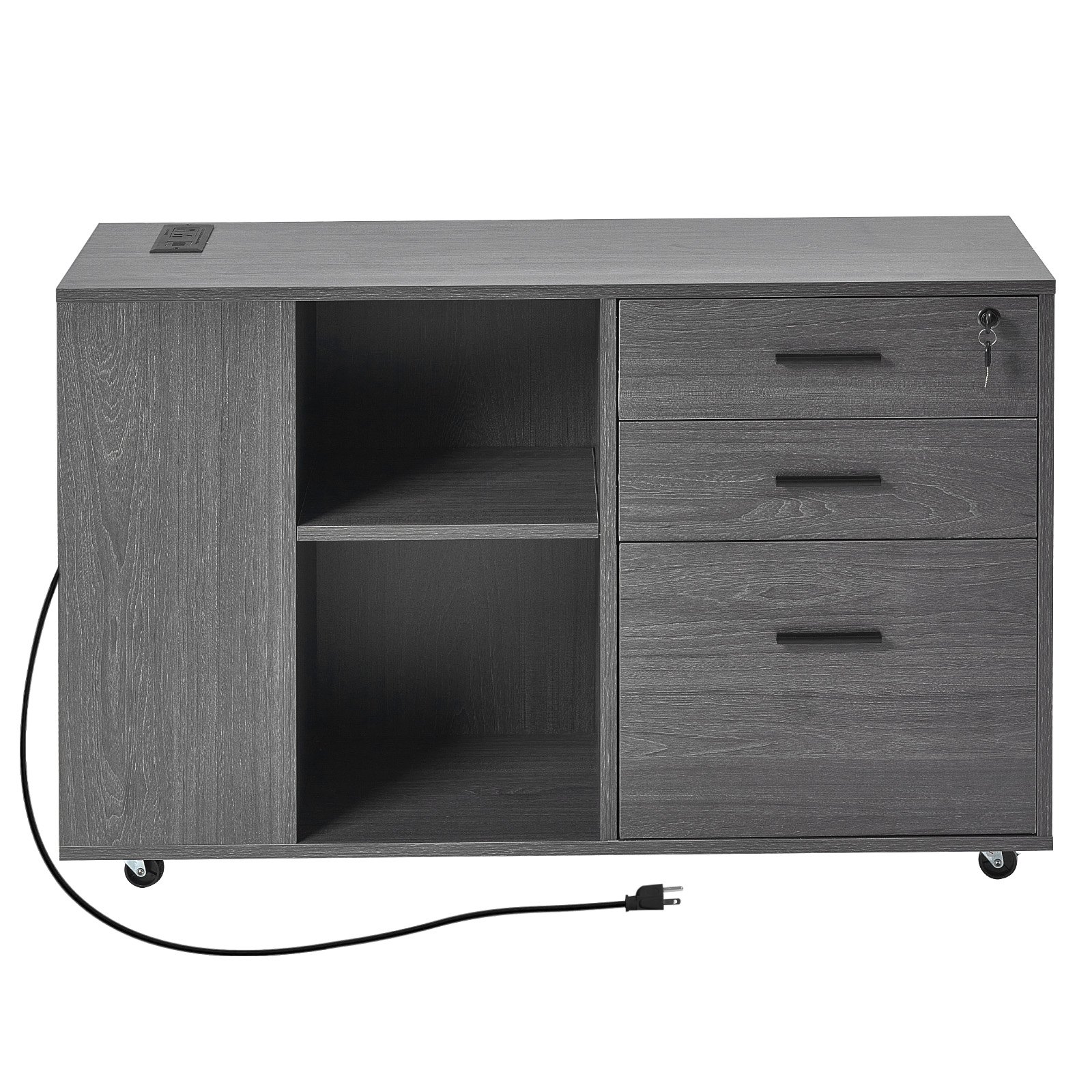 VEVOR 3 Drawer Wooden File Cabinet, Mobile Filing Cabinet with Power Strip, Lockable Rolling File Storage with Adjustable Shelves & 5 Wheels, Floor Standing Printer Stand for Home Office School, Gray