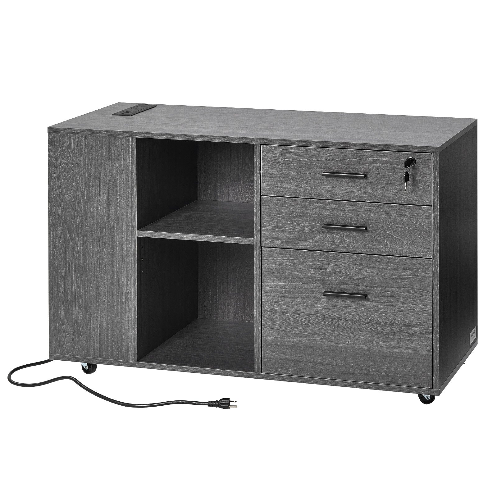 VEVOR 3 Drawer Wooden File Cabinet, Mobile Filing Cabinet with Power Strip, Lockable Rolling File Storage with Adjustable Shelves & 5 Wheels, Floor Standing Printer Stand for Home Office School, Gray