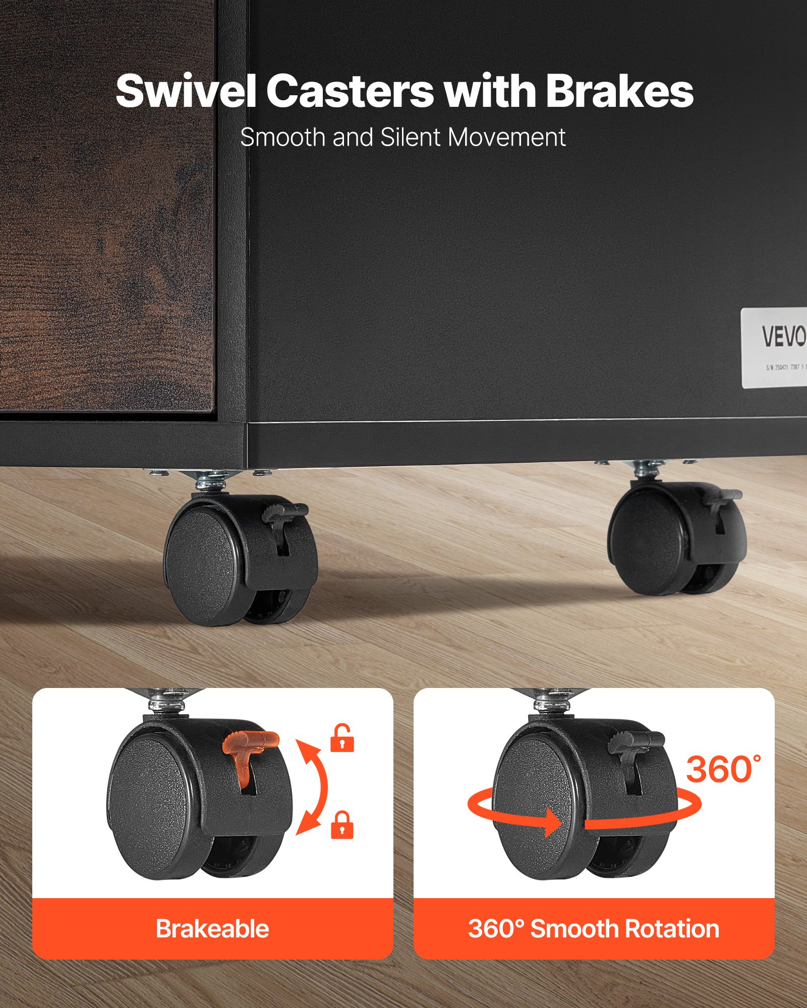 VEVOR arkivskap i tre, mobilt arkivskap med åpne hyller, låsbar, sideveis rullende arkivoppbevaring med justerbare hyller, frittstående skriverstativ for hjem, kontor, skole, rustikk brun