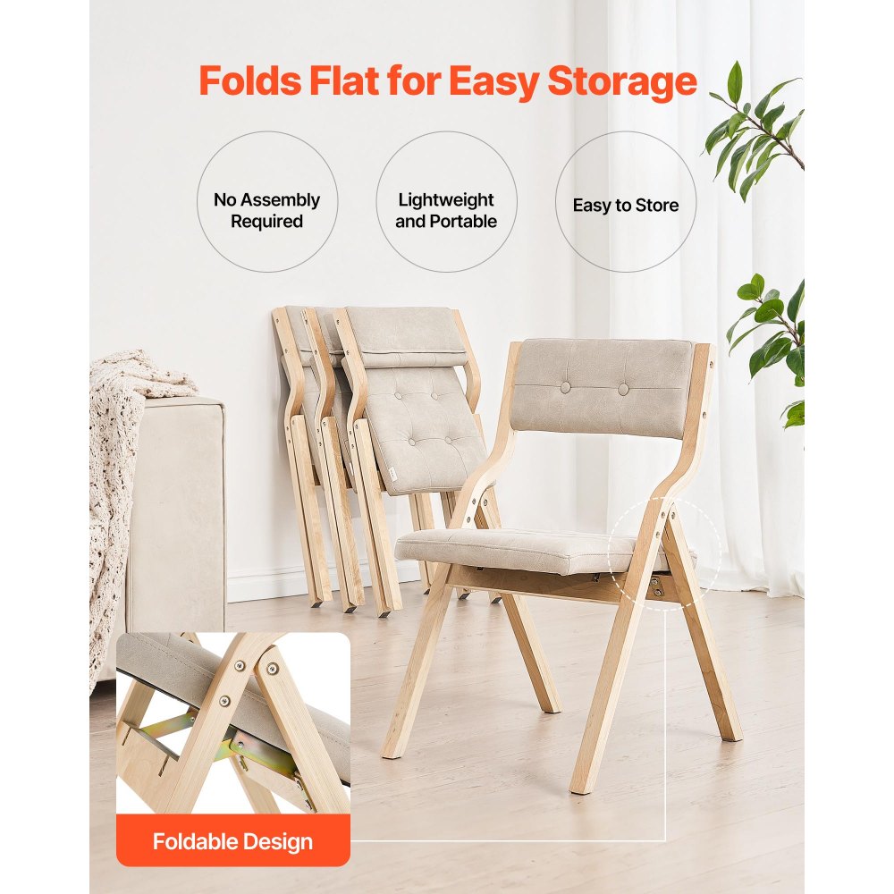 VEVOR Wooden Folding Chairs with Cushion, Set of 4, Portable Foldable Cushion Chair with Wooden Frame, Modern Padded Dining Chair for Kitchen, Office, Wedding, Party, Dining Room, Easy Assembly, Beige