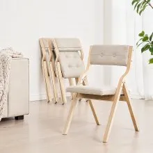 Wooden Folding Chairs with Padded Cushion and Wooden Frame Beige Set of 4