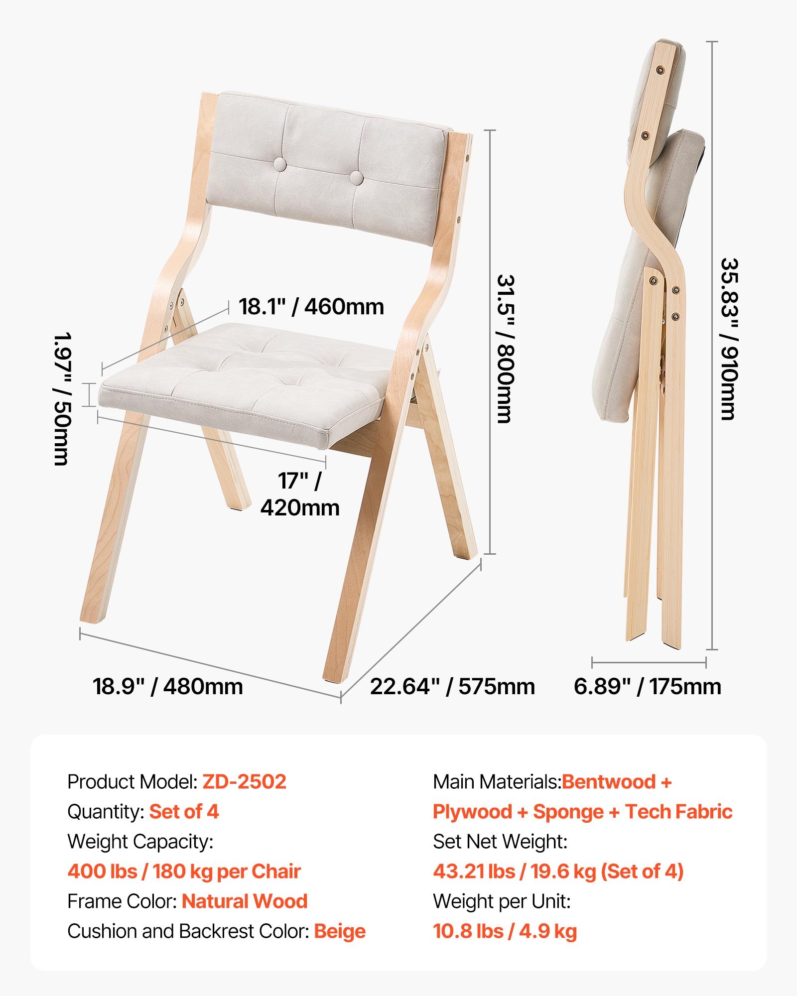 VEVOR Wooden Folding Chairs with Cushion, Set of 4, Portable Foldable Cushion Chair with Wooden Frame, Modern Padded Dining Chair for Kitchen, Office, Wedding, Party, Dining Room, Easy Assembly, Beige