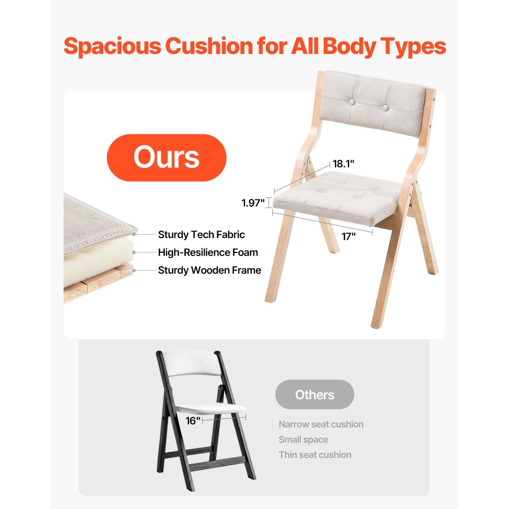 VEVOR Wooden Folding Chairs with Cushion, Set of 2, Portable Foldable Cushion Chair with Wooden Frame, Modern Padded Dining Chair for Kitchen, Office, Wedding, Party, Dining Room, Easy Assembly, Beige