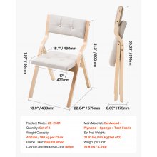 Wooden Folding Chairs with Padded Cushion and Wooden Frame Beige Set of 2