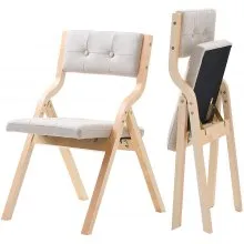 Wooden Folding Chairs with Padded Cushion and Wooden Frame Beige Set of 2