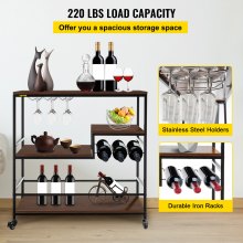 VEVOR Rustic Bar Cart, 3-Tier Industrial Bar Cart for Home, Bar Cart with Wine Rack & Glass Holders, 35.4 x 15.7 x 37.4 inches Home Bar & Serving Carts, Wine Cart on Wheels, Glass Bar Cart Brown