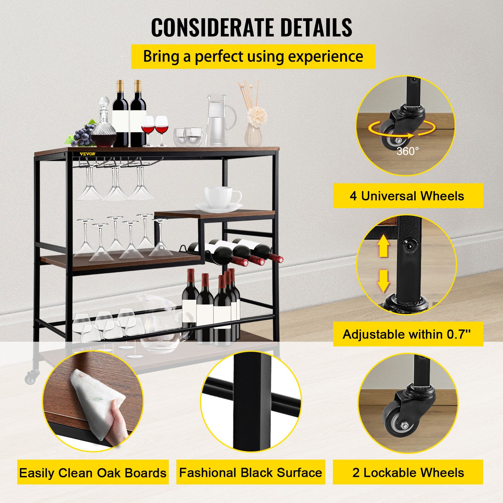 VEVOR Bar Serving Cart, 4-Tier Industrial Bar Cart for Home, Bar Cart with Wine Rack & Glass Holders, 35.4 x 15.7 x 37.4 inches Home Bar & Serving Carts, Wine Cart on Wheels, Glass Bar Cart Brown