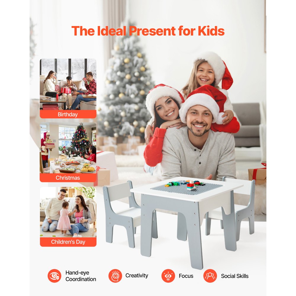 VEVOR 4 in 1 Kid Activity Table and 2 Chairs Set, Graffiti & Building Blocks Double-Sided Tabletop, Toddler Play Table with Storage for Kids 3+ Years, Large Storage Space, Gift for Boys & Girls, White