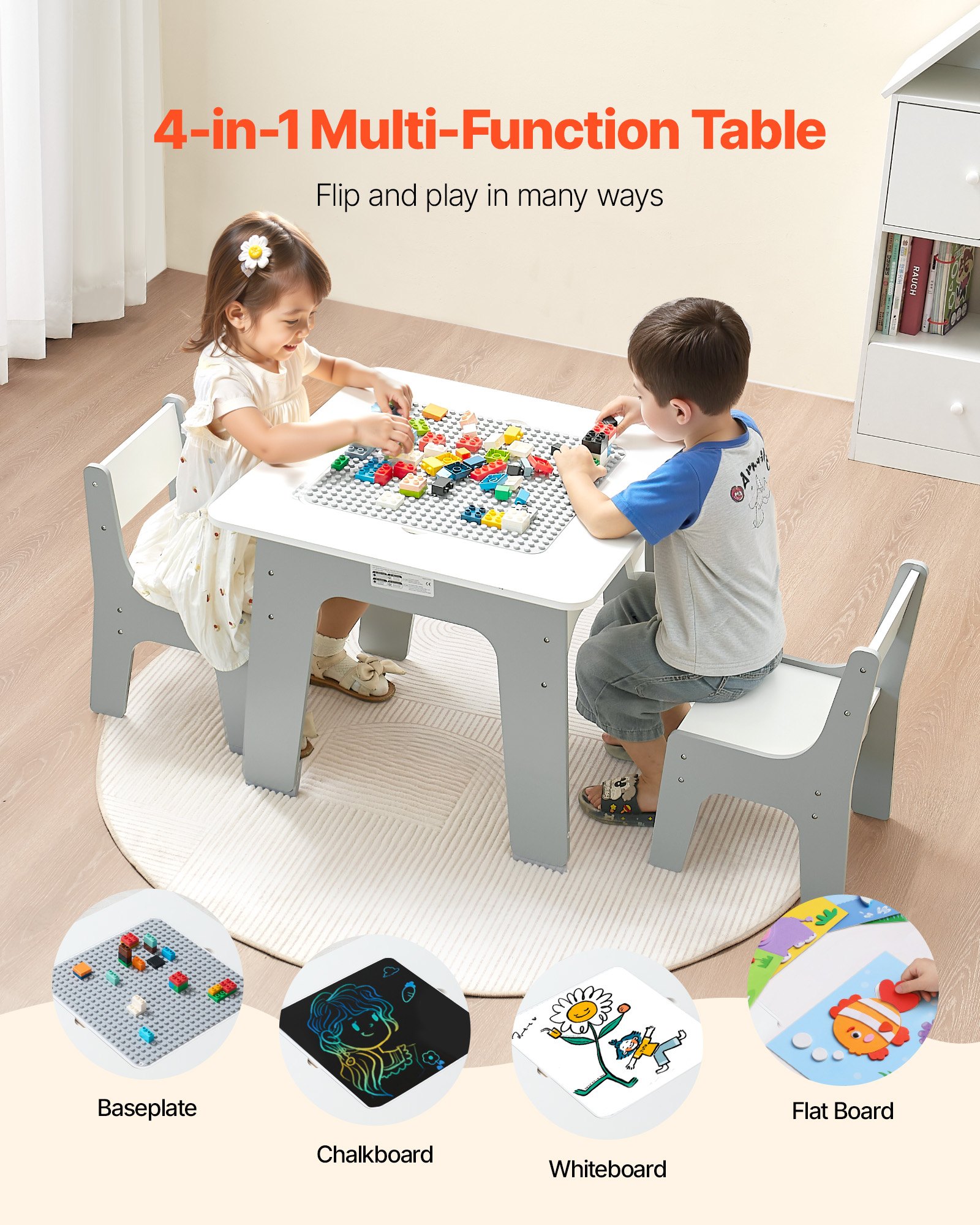 VEVOR 4 in 1 Kid Activity Table and 2 Chairs Set, Graffiti & Building Blocks Double-Sided Tabletop, Toddler Play Table with Storage for Kids 3+ Years, Large Storage Space, Gift for Boys & Girls, White