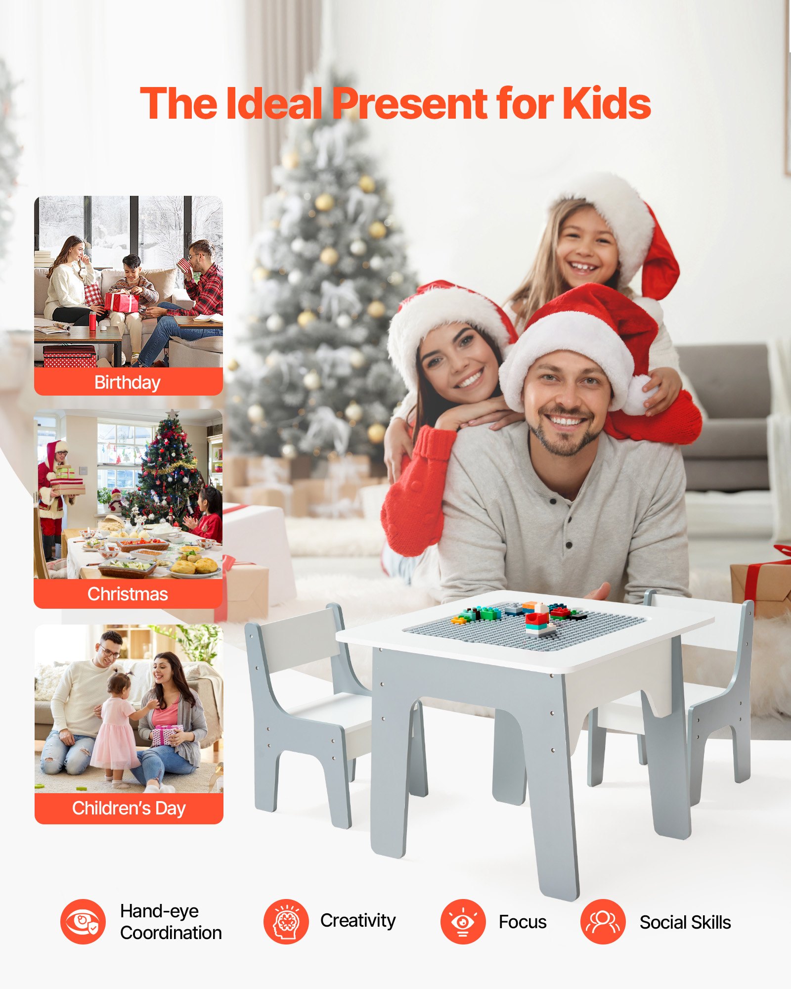 VEVOR 4 in 1 Kid Activity Table and 2 Chairs Set, Graffiti & Building Blocks Double-Sided Tabletop, Toddler Play Table with Storage for Kids 3+ Years, Large Storage Space, Gift for Boys & Girls, White