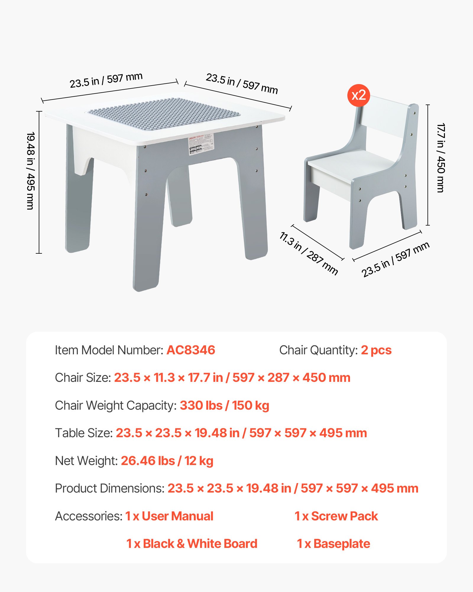 VEVOR 4 in 1 Kid Activity Table and 2 Chairs Set, Graffiti & Building Blocks Double-Sided Tabletop, Toddler Play Table with Storage for Kids 3+ Years, Large Storage Space, Gift for Boys & Girls, White