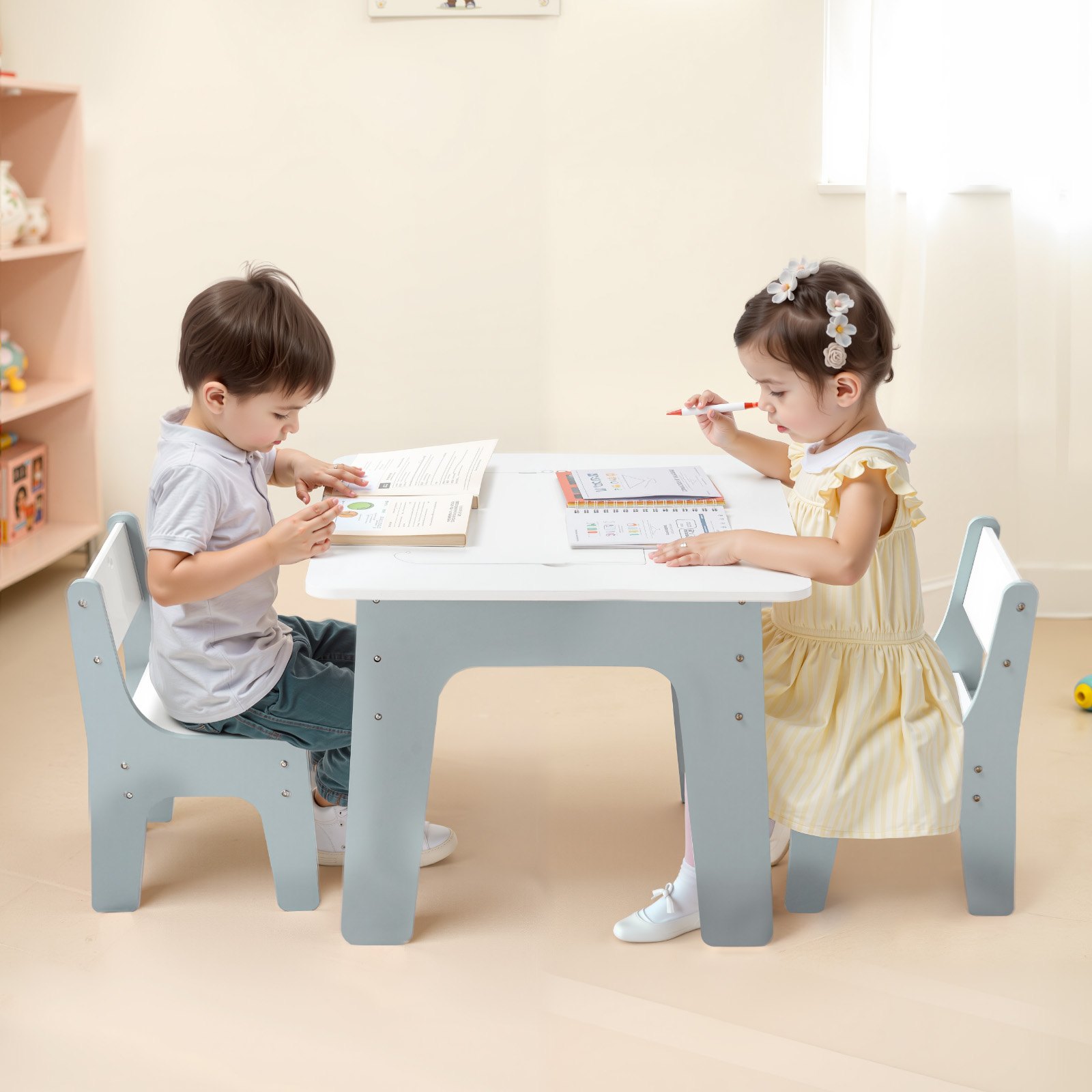 VEVOR 4 in 1 Kid Activity Table and 2 Chairs Set, Graffiti & Building Blocks Double-Sided Tabletop, Toddler Play Table with Storage for Kids 3+ Years, Large Storage Space, Gift for Boys & Girls, White