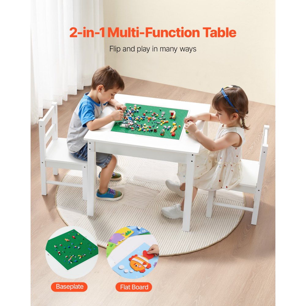 VEVOR Kids Activity Table and 2 Chairs Set, Building Blocks Double-Sided Tabletop, Toddler Table and Chair Set with Storage for Kids 3+ Years, Large Storage Space, Present for Boys & Girls, White