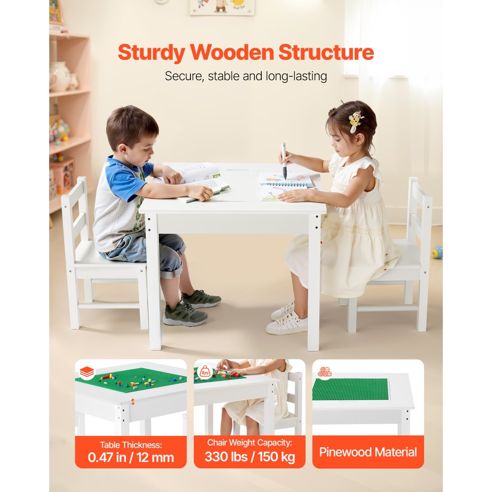 VEVOR Kids Activity Table and 2 Chairs Set, Building Blocks Double-Sided Tabletop, Toddler Table and Chair Set with Storage for Kids 3+ Years, Large Storage Space, Present for Boys & Girls, White