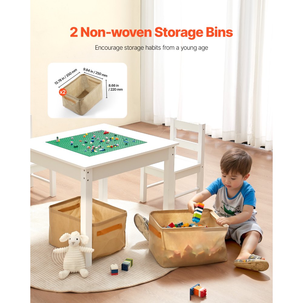 VEVOR Kids Activity Table and 2 Chairs Set, Building Blocks Double-Sided Tabletop, Toddler Table and Chair Set with Storage for Kids 3+ Years, Large Storage Space, Present for Boys & Girls, White