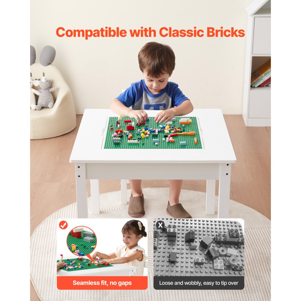 VEVOR Kids Activity Table and 2 Chairs Set, Building Blocks Double-Sided Tabletop, Toddler Table and Chair Set with Storage for Kids 3+ Years, Large Storage Space, Present for Boys & Girls, White