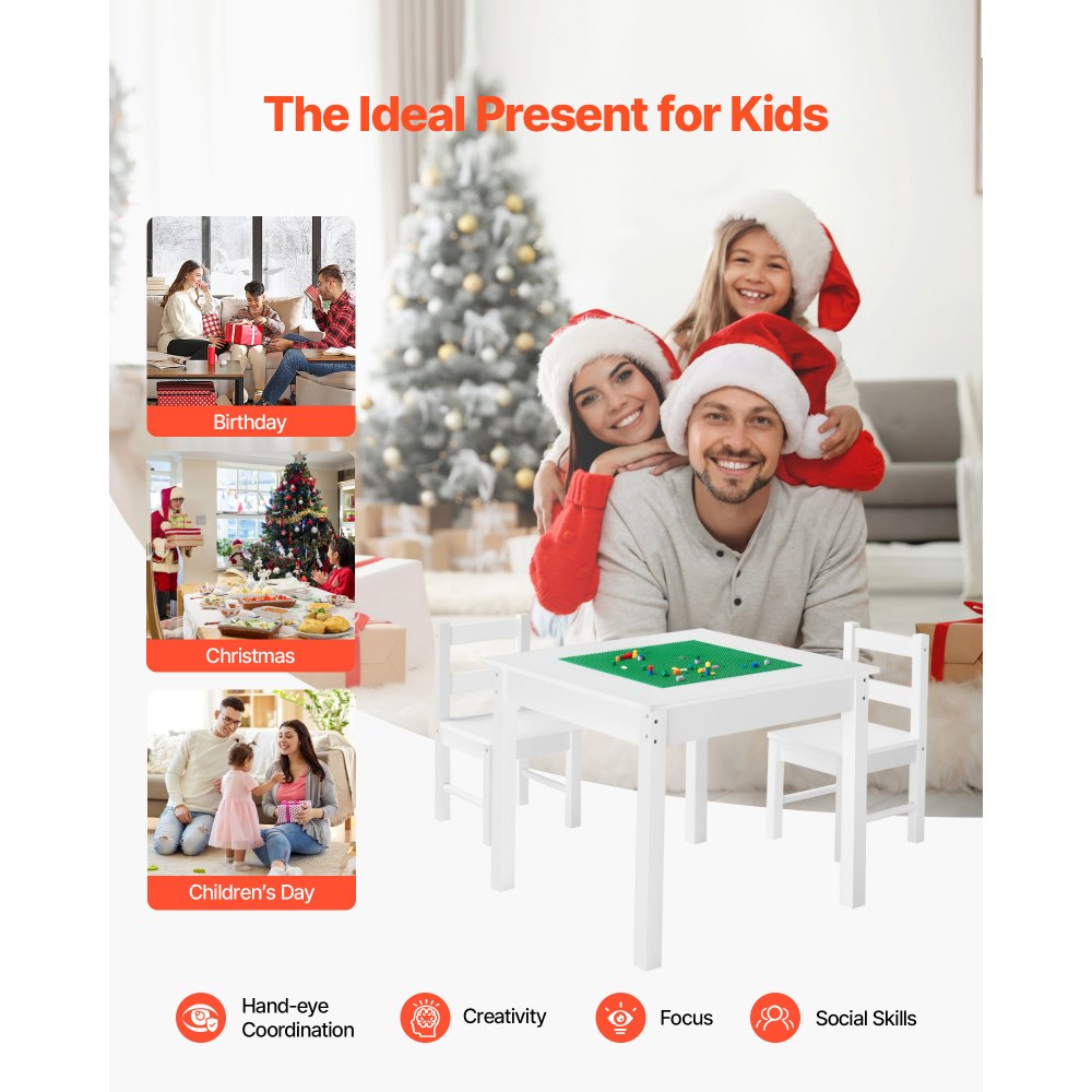 VEVOR Kids Activity Table and 2 Chairs Set, Building Blocks Double-Sided Tabletop, Toddler Table and Chair Set with Storage for Kids 3+ Years, Large Storage Space, Present for Boys & Girls, White