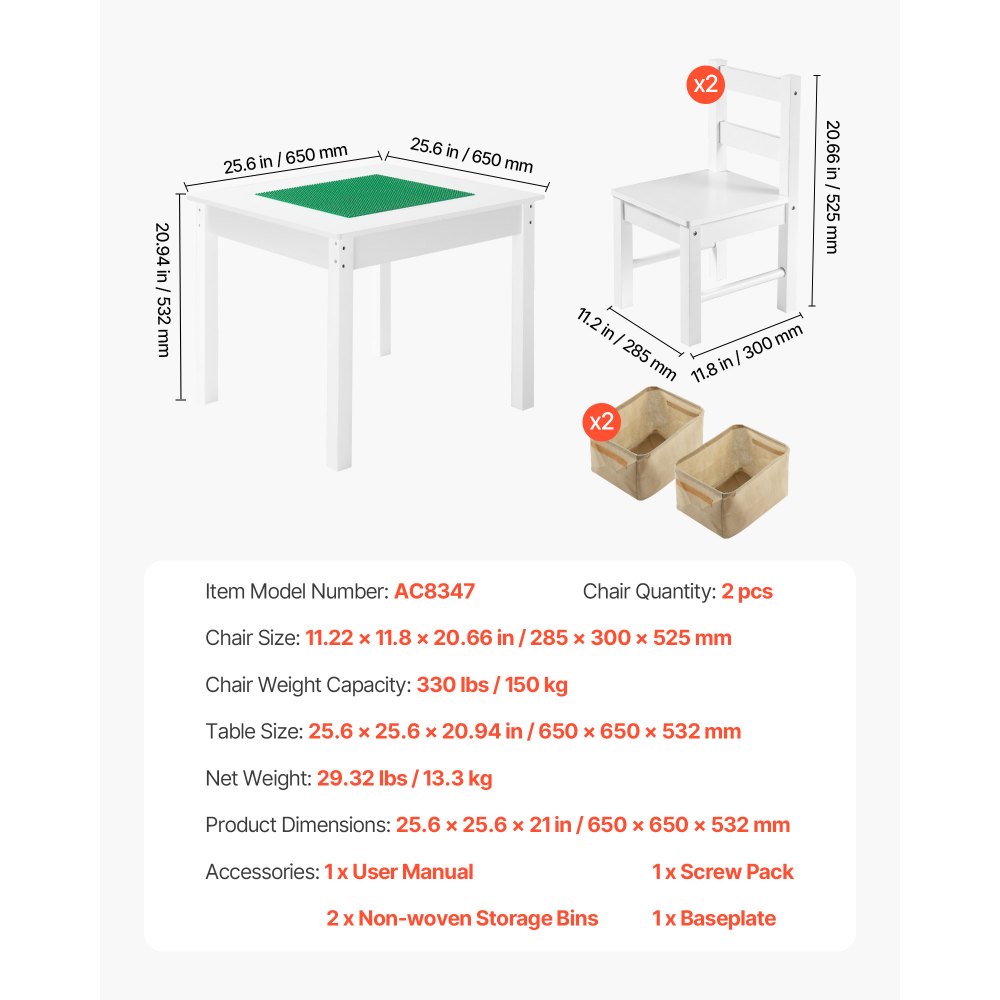 VEVOR Kids Activity Table and 2 Chairs Set, Building Blocks Double-Sided Tabletop, Toddler Table and Chair Set with Storage for Kids 3+ Years, Large Storage Space, Present for Boys & Girls, White