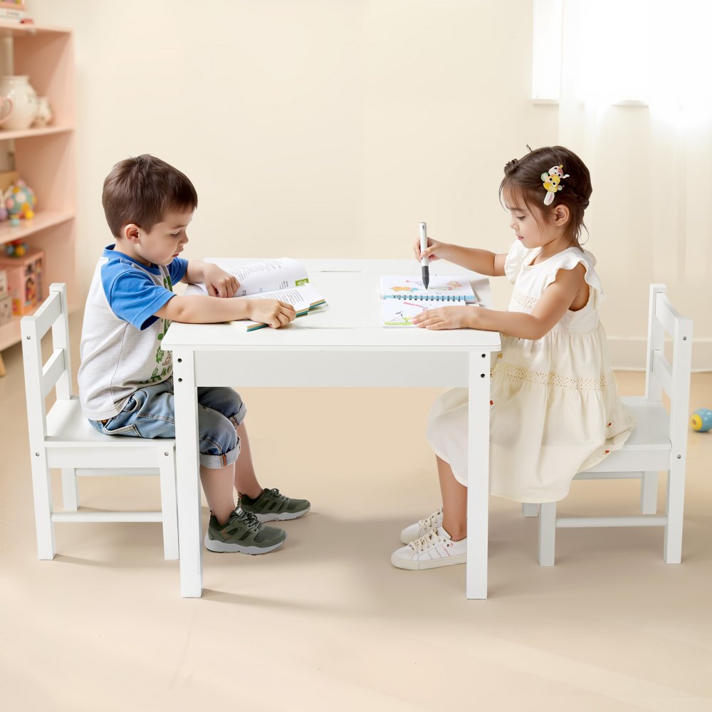 VEVOR Kids Activity Table and 2 Chairs Set, Building Blocks Double-Sided Tabletop, Toddler Table and Chair Set with Storage for Kids 3+ Years, Large Storage Space, Present for Boys & Girls, White