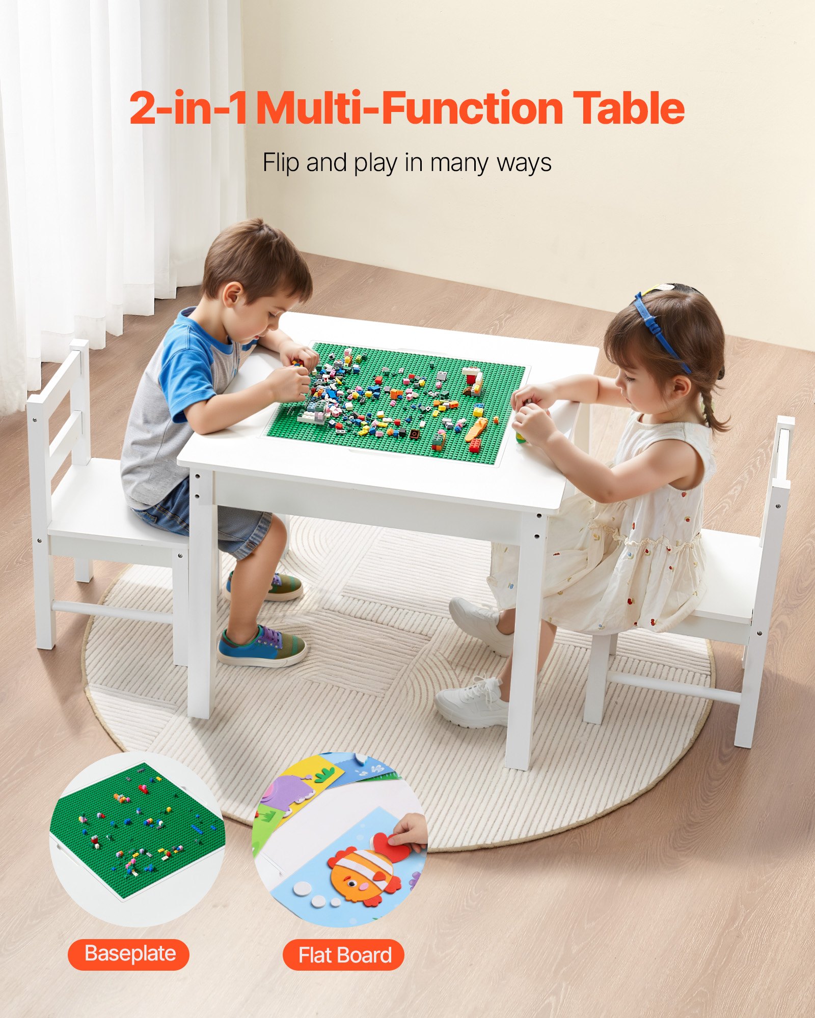 VEVOR Kids Activity Table and 2 Chairs Set, Building Blocks Double-Sided Tabletop, Toddler Table and Chair Set with Storage for Kids 3+ Years, Large Storage Space, Present for Boys & Girls, White