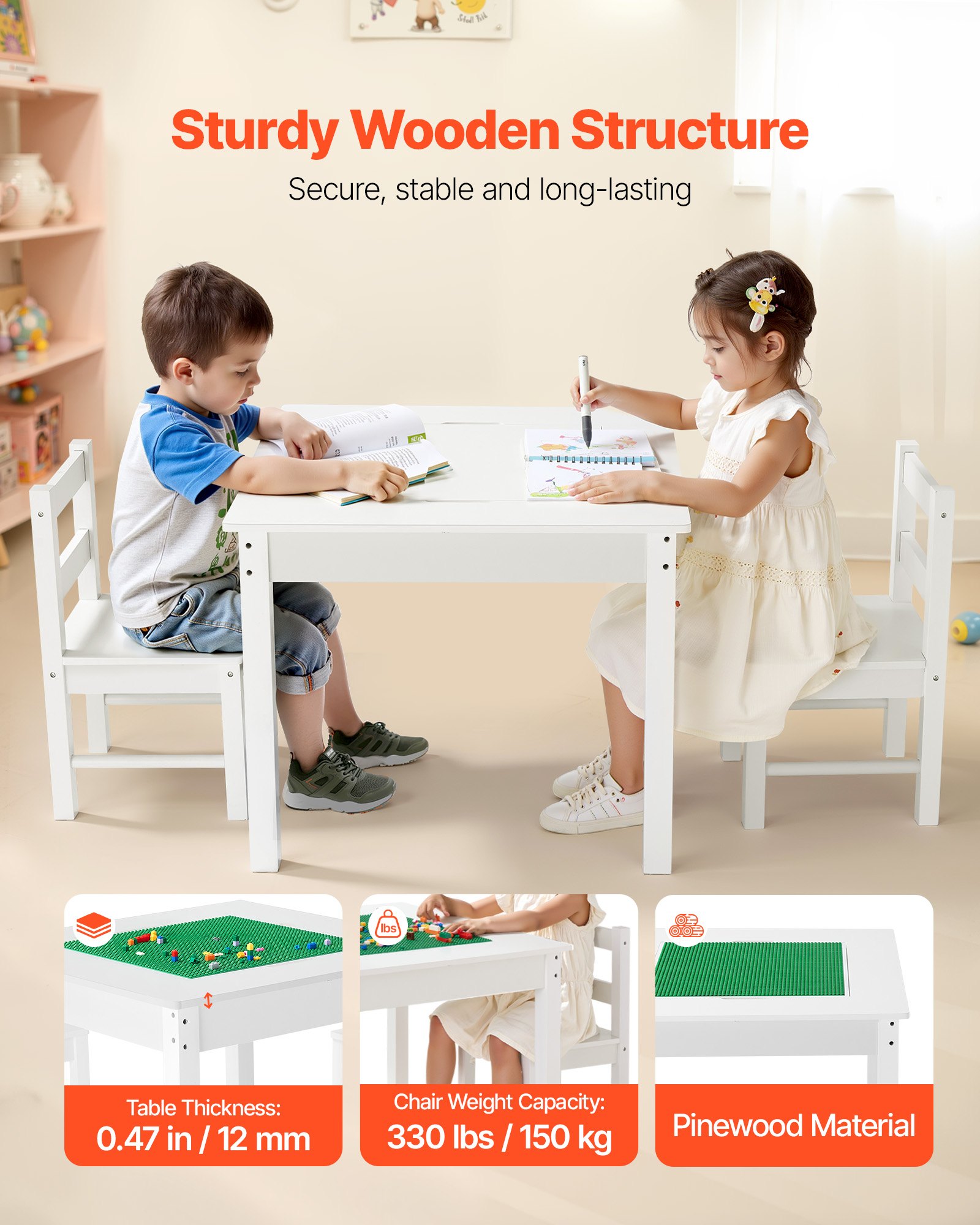 VEVOR Kids Activity Table and 2 Chairs Set, Building Blocks Double-Sided Tabletop, Toddler Table and Chair Set with Storage for Kids 3+ Years, Large Storage Space, Present for Boys & Girls, White