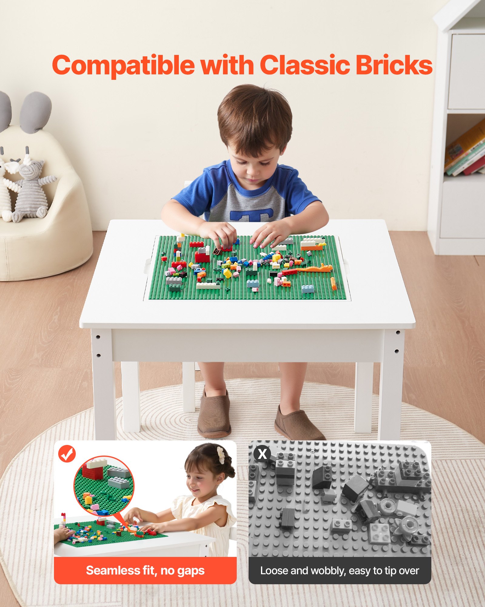VEVOR Kids Activity Table and 2 Chairs Set, Building Blocks Double-Sided Tabletop, Toddler Table and Chair Set with Storage for Kids 3+ Years, Large Storage Space, Present for Boys & Girls, White