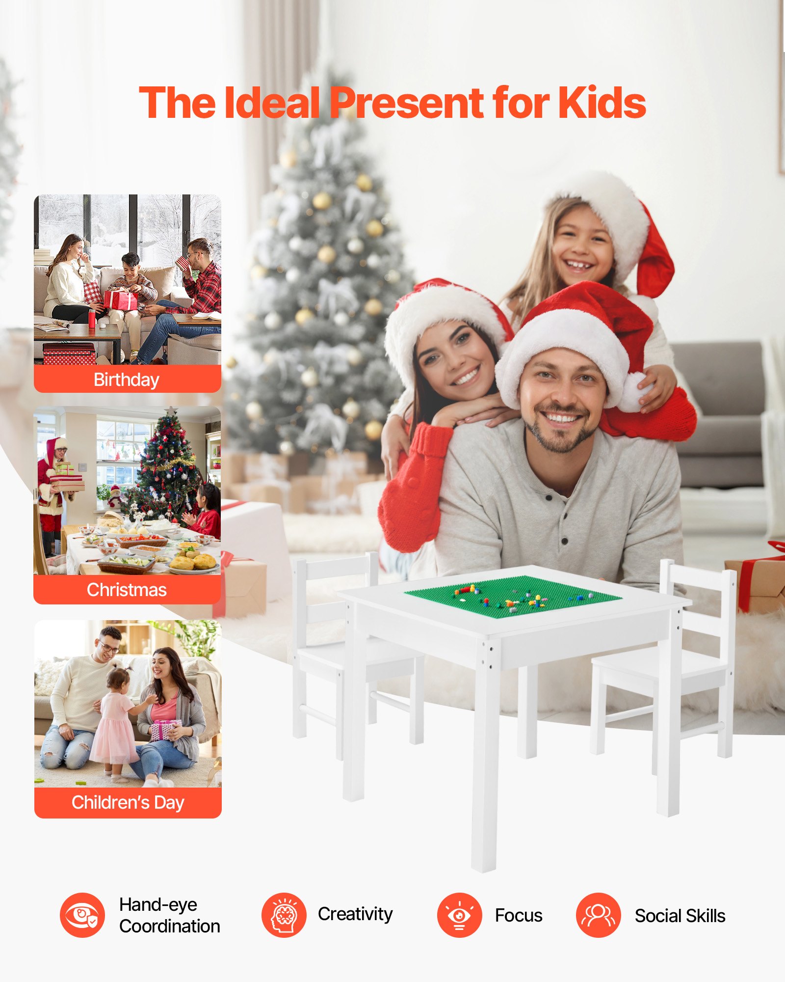 VEVOR Kids Activity Table and 2 Chairs Set, Building Blocks Double-Sided Tabletop, Toddler Table and Chair Set with Storage for Kids 3+ Years, Large Storage Space, Present for Boys & Girls, White