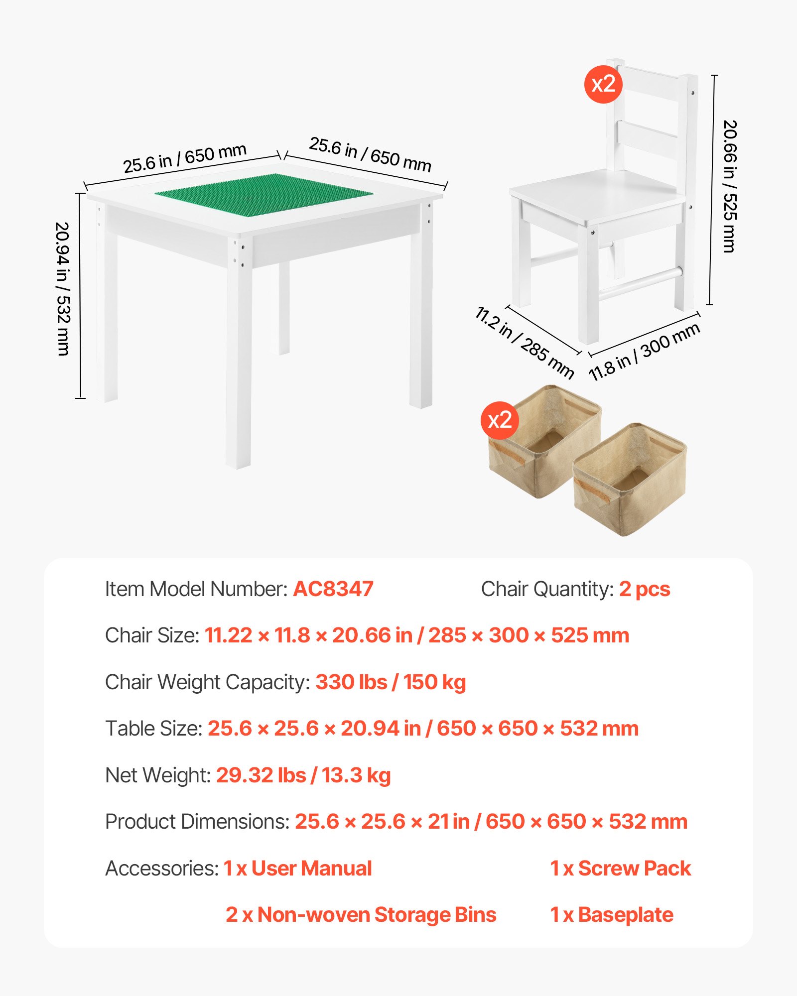 VEVOR Kids Activity Table and 2 Chairs Set, Building Blocks Double-Sided Tabletop, Toddler Table and Chair Set with Storage for Kids 3+ Years, Large Storage Space, Present for Boys & Girls, White