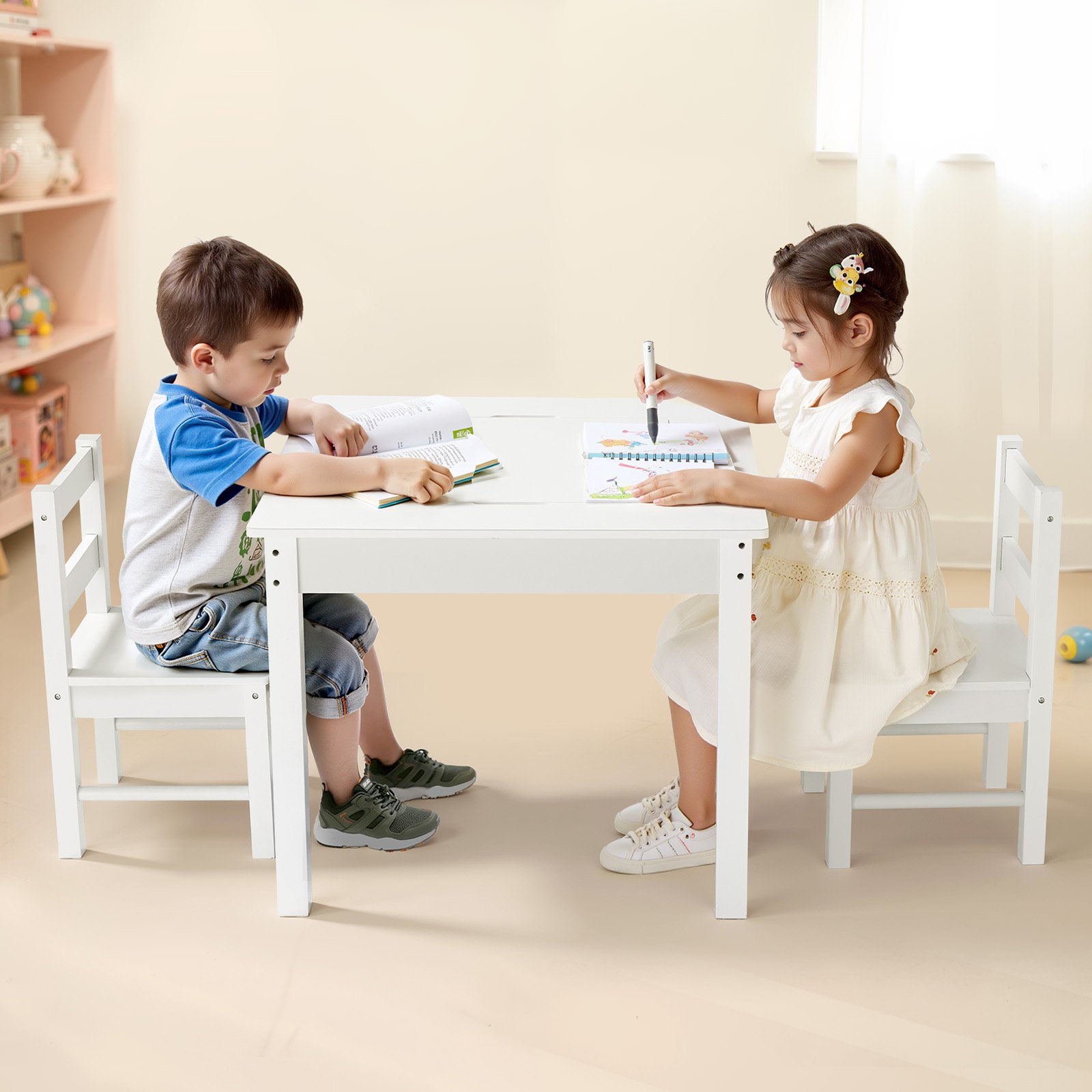 VEVOR Kids Activity Table and 2 Chairs Set, Building Blocks Double-Sided Tabletop, Toddler Table and Chair Set with Storage for Kids 3+ Years, Large Storage Space, Present for Boys & Girls, White