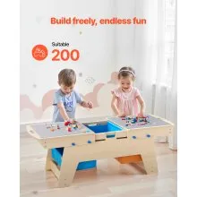 VEVOR Kids Reversible Wooden Activity Table, Multi-Purpose Activity Play Table with 200 Building Bricks & 3 Storage Bins for Kids 3+ Years, Large Storage Space, Present for Boys & Girls, Natural