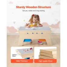 VEVOR Kids Reversible Wooden Activity Table, Multi-Purpose Activity Play Table with 200 Building Bricks & 3 Storage Bins for Kids 3+ Years, Large Storage Space, Present for Boys & Girls, Natural