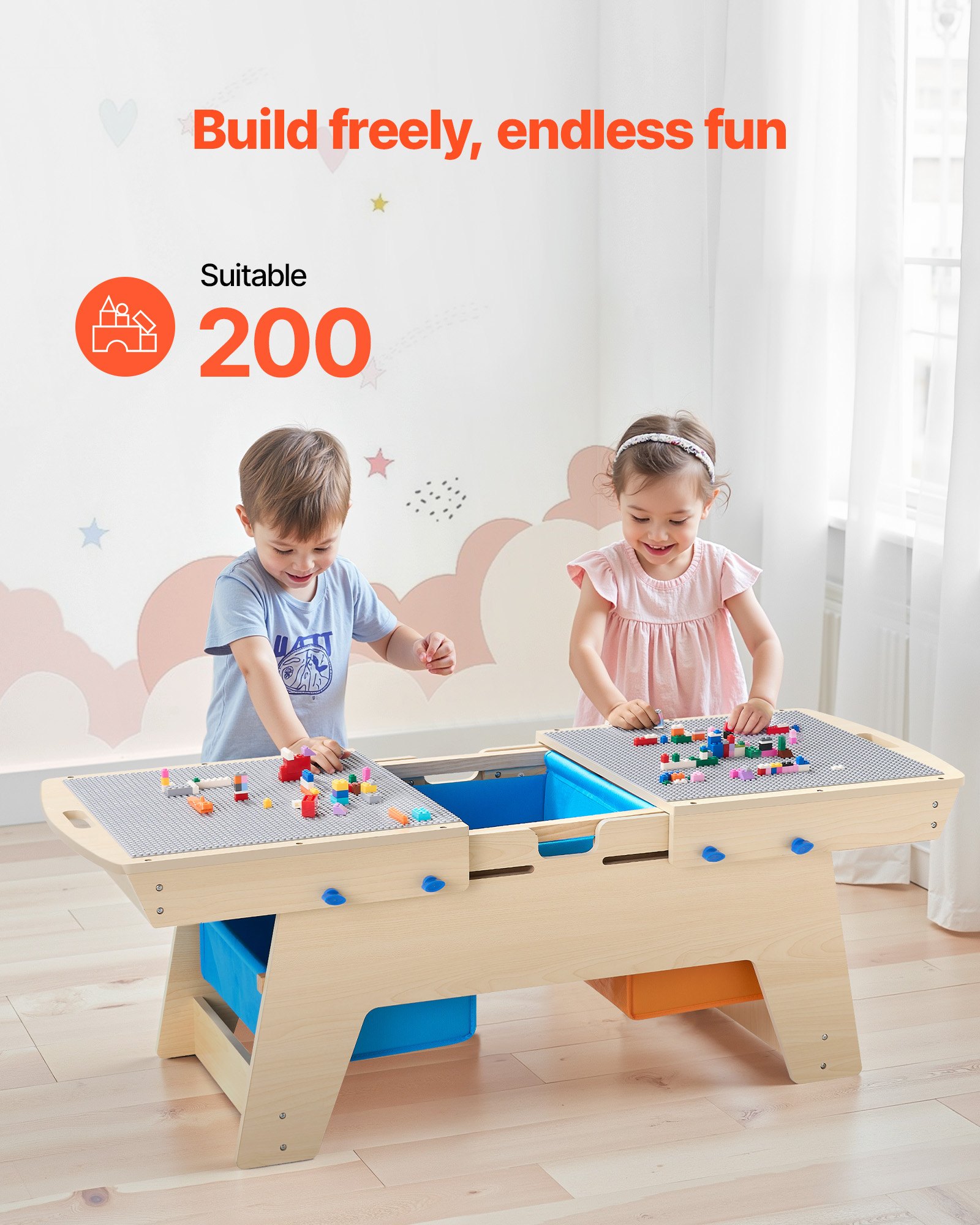 VEVOR Kids Reversible Wooden Activity Table, Multi-Purpose Activity Play Table with 200 Building Bricks & 3 Storage Bins for Kids 3+ Years, Large Storage Space, Present for Boys & Girls, Natural