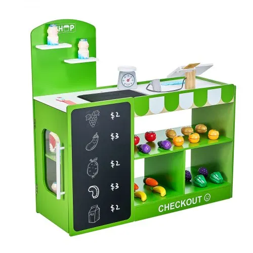 VEVOR Kids Grocery Store Playset, Wooden Play Market Stand with Shopping Bag, Kids Supermarket Pretend Play Store with Conveyor Belt, Scanner, Cash Register, Realistic Scale, Gift for Boys & Girls