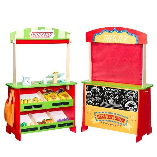 VEVOR Wooden Puppet Theater with Curtains, 2-in-1 Reversible Play Store, Double-Sided Grocery Store Playset with Chalkboard & Cash Register, Kids Pretend Play Market Stand, Gift for Boys & Girls