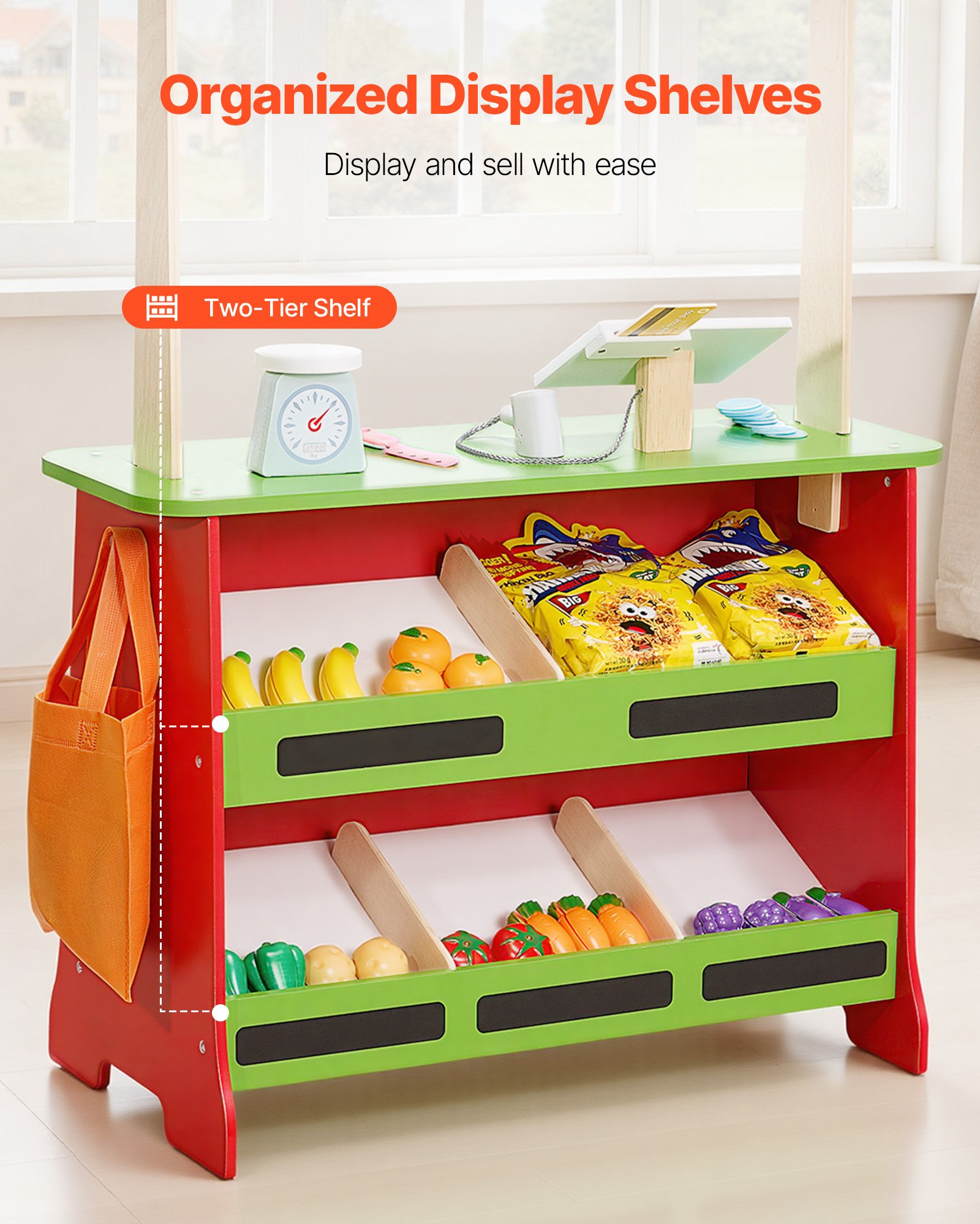 VEVOR Wooden Puppet Theater with Curtains, 2-in-1 Reversible Play Store, Double-Sided Grocery Store Playset with Chalkboard & Cash Register, Kids Pretend Play Market Stand, Gift for Boys & Girls