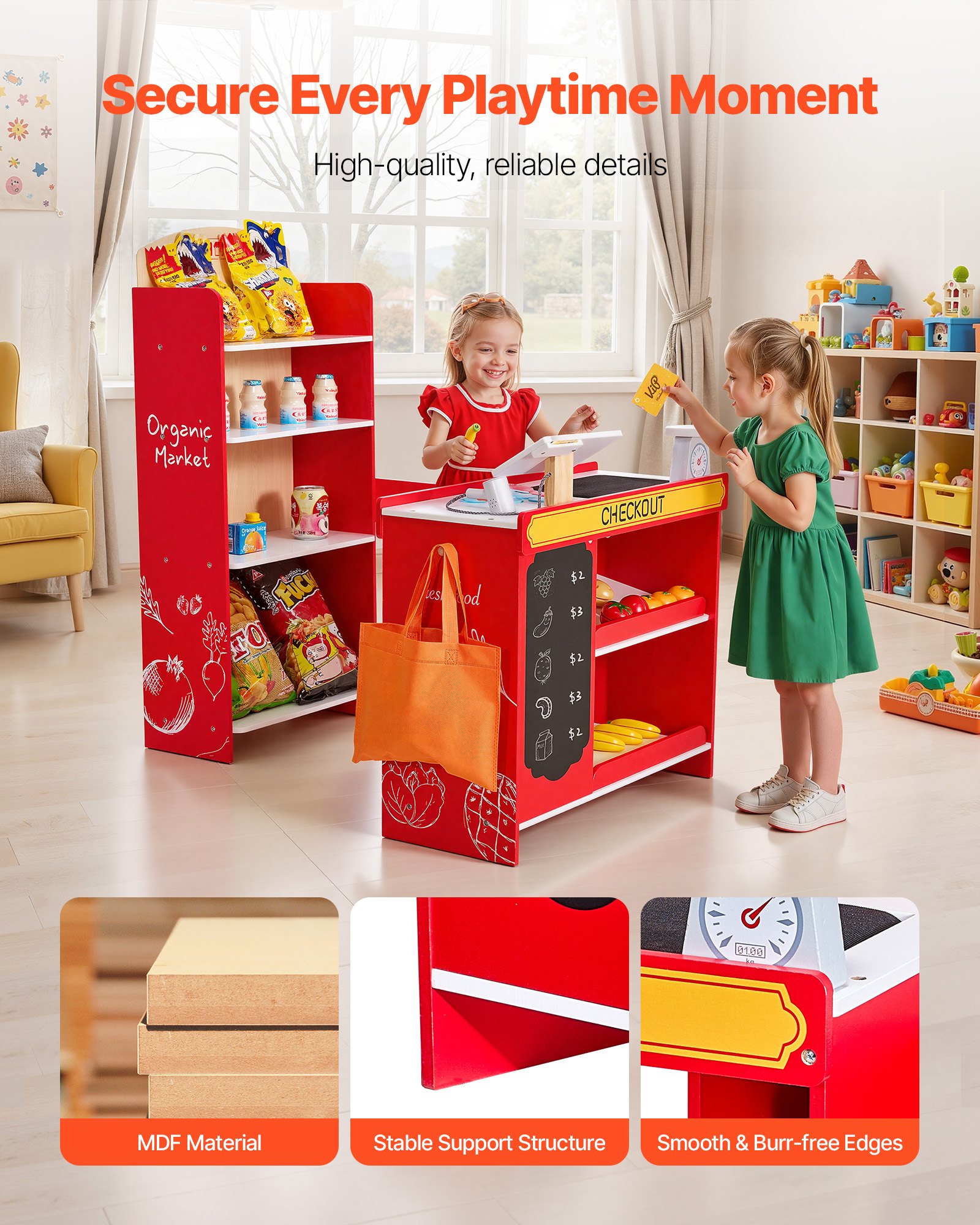 VEVOR Kids Grocery Store Playset, Wooden Play Store with Shopping Bag, Kids Supermarket Pretend Play Toy Set with Conveyor Belt, Scanner, Cash Register, Realistic Scale, Gift for Boys & Girls