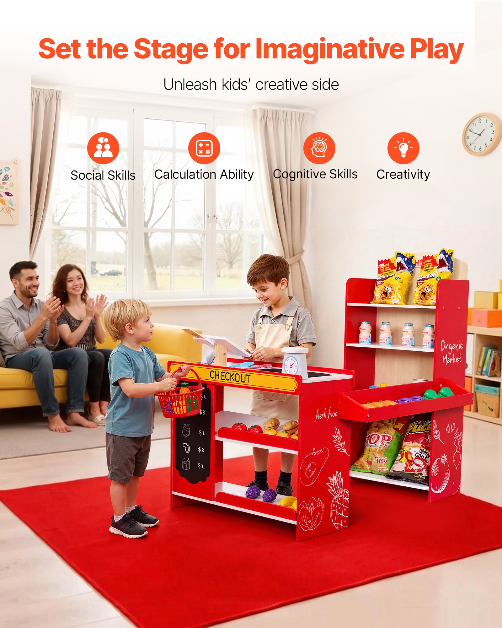 VEVOR Kids Grocery Store Playset, Wooden Play Store with Shopping Bag, Kids Supermarket Pretend Play Toy Set with Conveyor Belt, Scanner, Cash Register, Realistic Scale, Gift for Boys & Girls