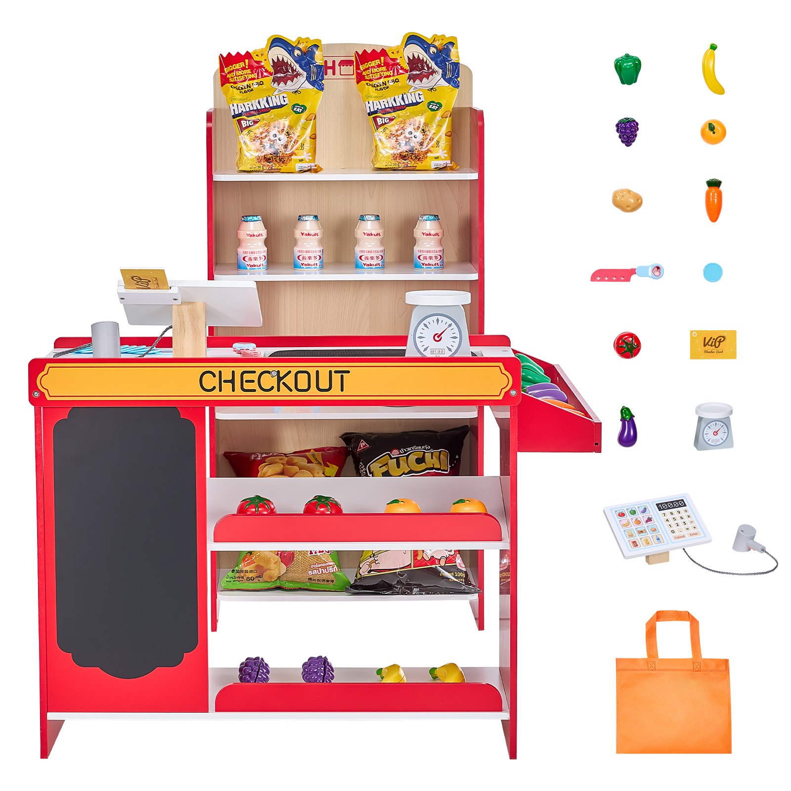 VEVOR Kids Grocery Store Playset, Wooden Play Store with Shopping Bag, Kids Supermarket Pretend Play Toy Set with Conveyor Belt, Scanner, Cash Register, Realistic Scale, Gift for Boys & Girls
