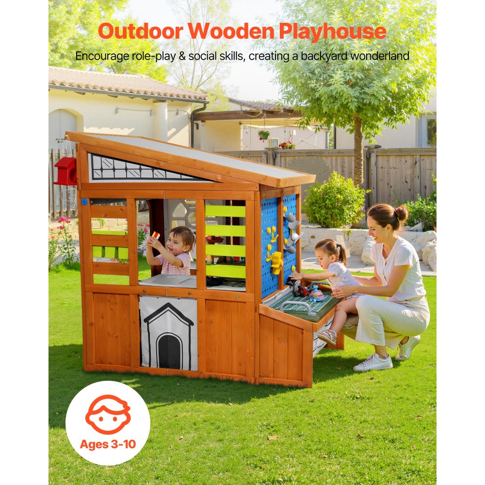 VEVOR Outdoor Playhouse, Cedar Wooden Kids Playhouse with Bird Nest, Doorbell, Trash Bin, Gravity Wall Set, Storage Pocket, Windowsill, Wooden Kids Cottage for Aged 3 to 10, Rounded Corners
