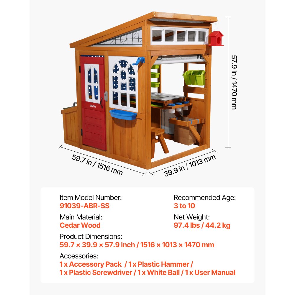 VEVOR Outdoor Playhouse, Cedar Wooden Kids Playhouse with Bird Nest, Doorbell, Trash Bin, Gravity Wall Set, Storage Pocket, Windowsill, Wooden Kids Cottage for Aged 3 to 10, Rounded Corners
