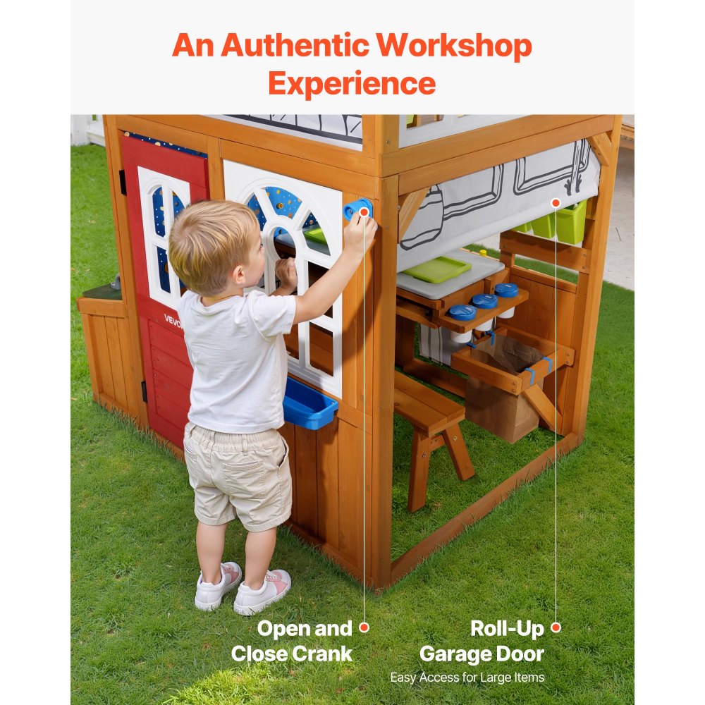 VEVOR Outdoor Playhouse, Cedar Wooden Kids Playhouse with Bird Nest, Doorbell, Trash Bin, Gravity Wall Set, Storage Pocket, Windowsill, Wooden Kids Cottage for Aged 3 to 10, Rounded Corners